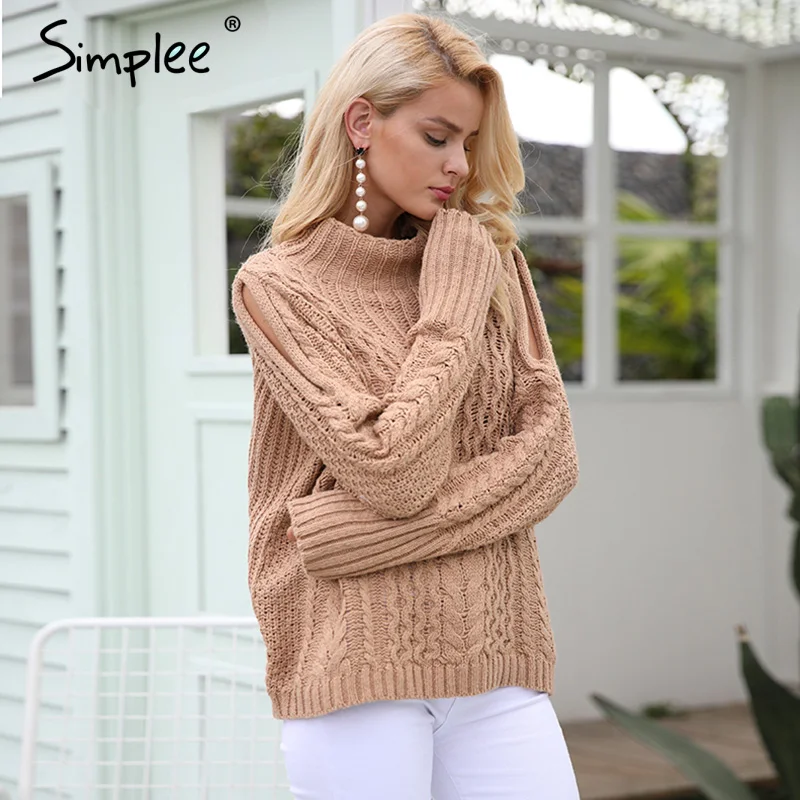 Simplee Casual Warm Autumn Winter Sweater Women Jumper Cold Shoulder Knitting Pullover Hollow Out High Neck