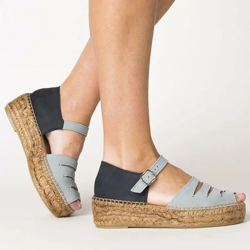 

New Women Wedges Sandals Buckle Summer Hot Gladiator Retro Peep Toe Sandals Flock Ladies Party Office Shoes