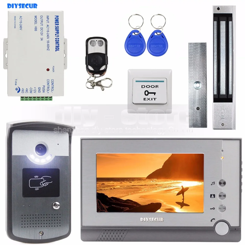 DIYSECUR 280KG Magnetic Lock 7 inch TFT Color Video Door Phone Visual Intercom Doorbell ID Unlocking RFID Night Vision Camera |
