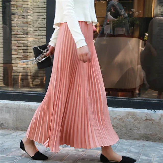 Осенние модные длинные юбки женские с высокой талией винтажная юбка макси в стиле бохо черная белая Повседневная Офисная Женская плиссированная юбка Saias - Color: pink