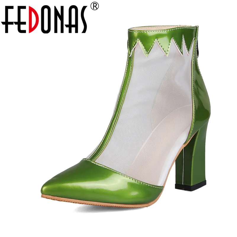

FEDONAS Women Pumps Mesh Patent Leather High Heels Prom Party Summer Shoes Woman Pointed Toe Square Heeled Back-Zipper Boots