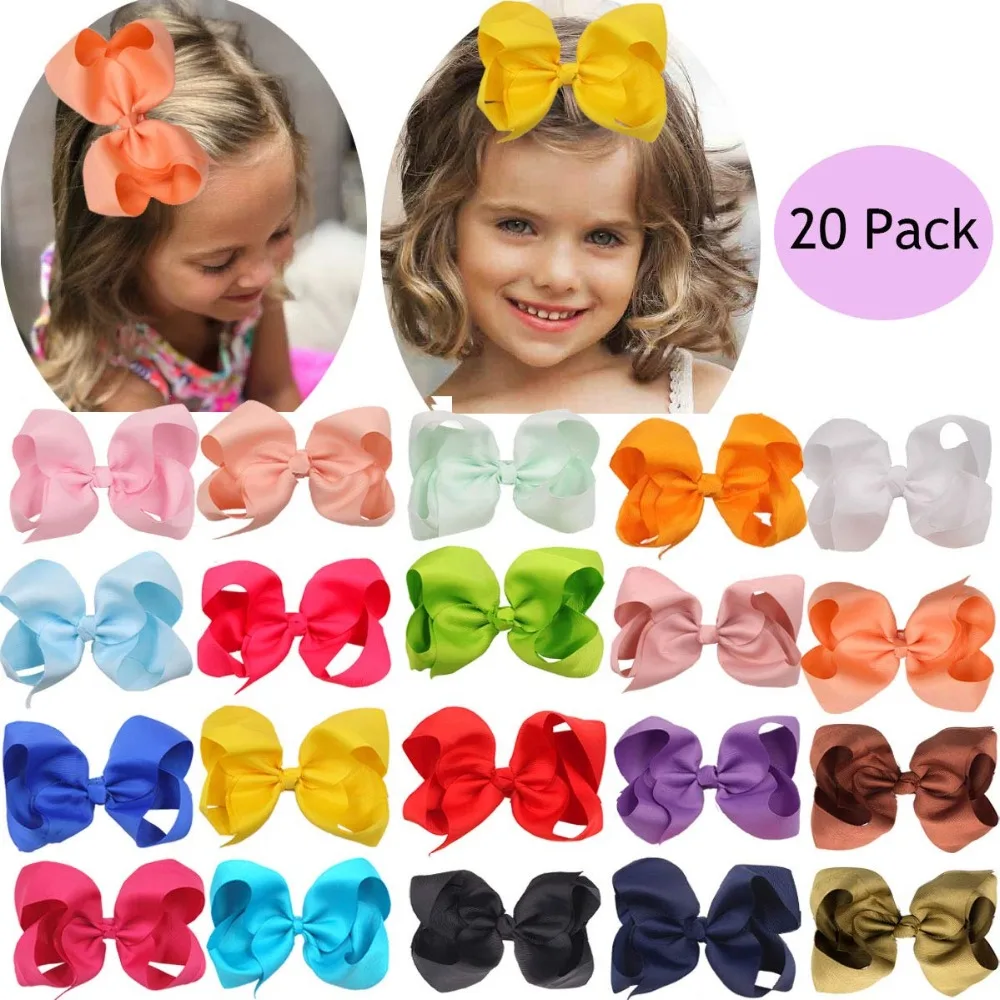 20Pcs 6 Inch Hair Bows for Girls Big Grosgrain Girls 6" Hair Bows Alligator Clips For Teens Kids Toddlers