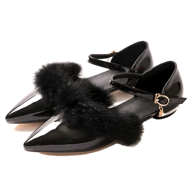 

Fashion Patent Leather Faux Rabbit Fur Flats For Women Sexy Pointed Toe Ankle Strap Mary Jane Flats Ladies Casual Flat Shoes