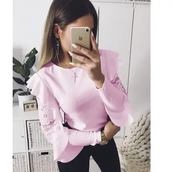 

Womens Lace Long Sleeve shirt Sexy Spring Regular Ladies Ruffle Round Neck Blouse Casual Solid Loose Tops