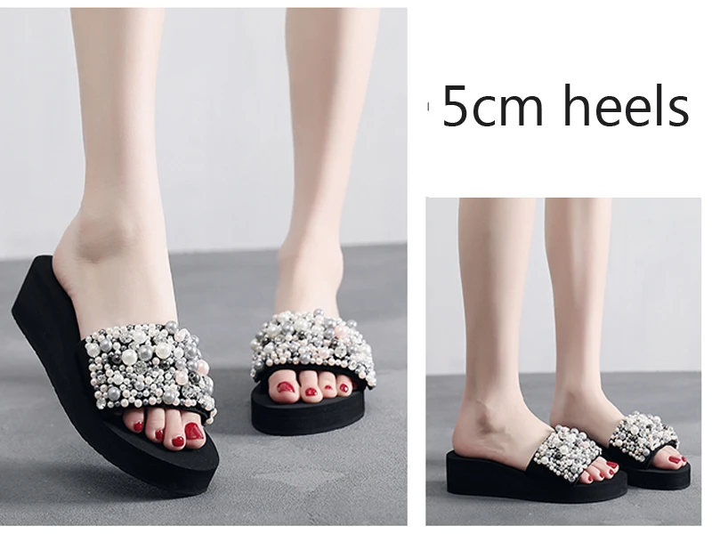 SHUJIN Pearls Slides Women Sandals Heel Slippers Torridity Sandal Shoes Handmade Bohemia Crystal Female Outdoor Shoes Slippers