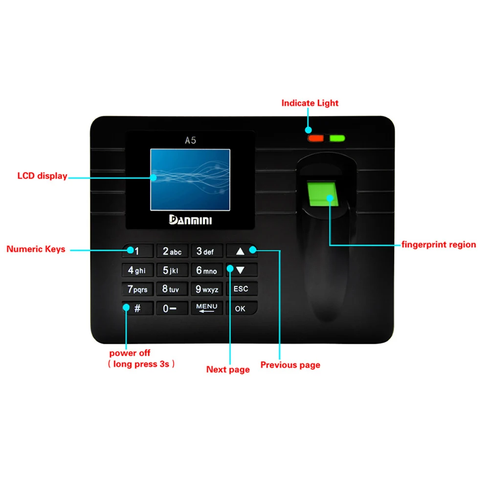 2," TFT ЖК-дисплей Дисплей биометрическая система учета рабочего времени по отпечаткам пальцев, постоянный ток, 5 В/1A учета рабочего времени Регистраторы сотрудник проверка считывателем A5