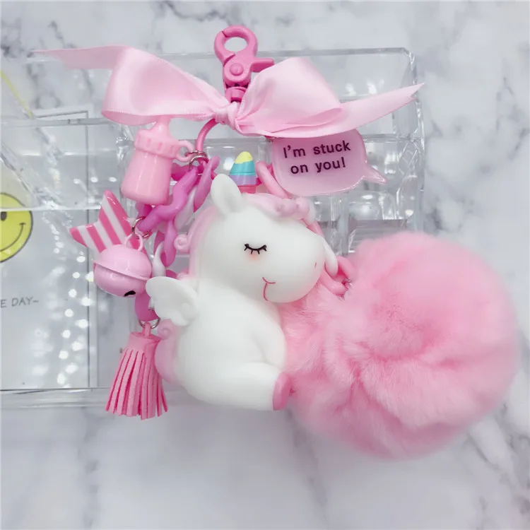 2019 Babies Unicorn Horse Keychain Plush Keyring Pony Pvc Bag Charm Fur Pompom Ball Pendant Kids Toys Metal Lovely Pendant D300