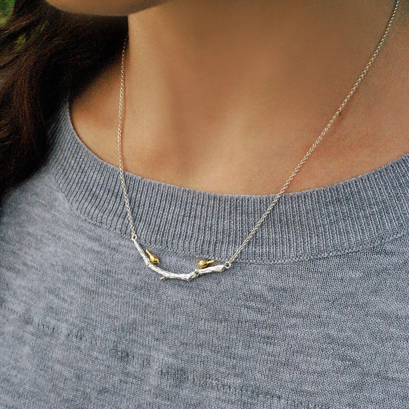 Lotus Fun Solid 925 Sterling Silver Pendants Necklaces for Women Double Lover Birds on Branch statement necklace wedding Jewelry