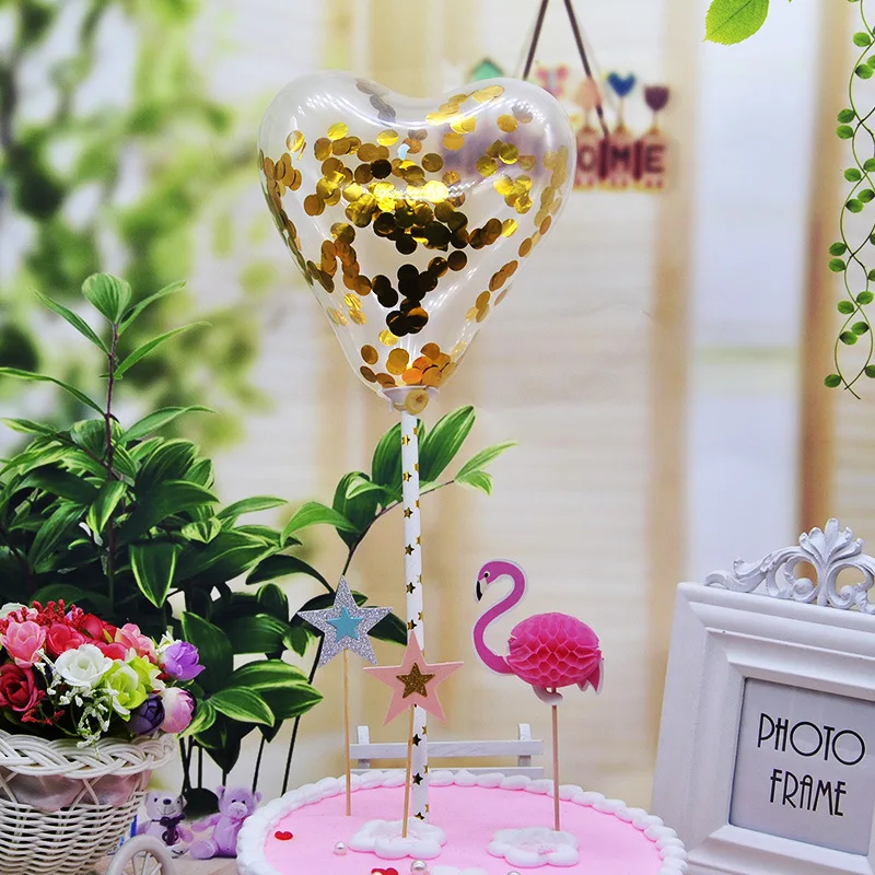 

5inch Heart Confetti Balloon Cake Topper Decoration With Straw Ribbon Baby Shower Birthday Wedding Party Balloon Cake Decor