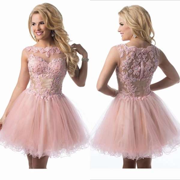 Sexy Pink Short Prom Dresses 2015 High Neck A Line Lace Evening