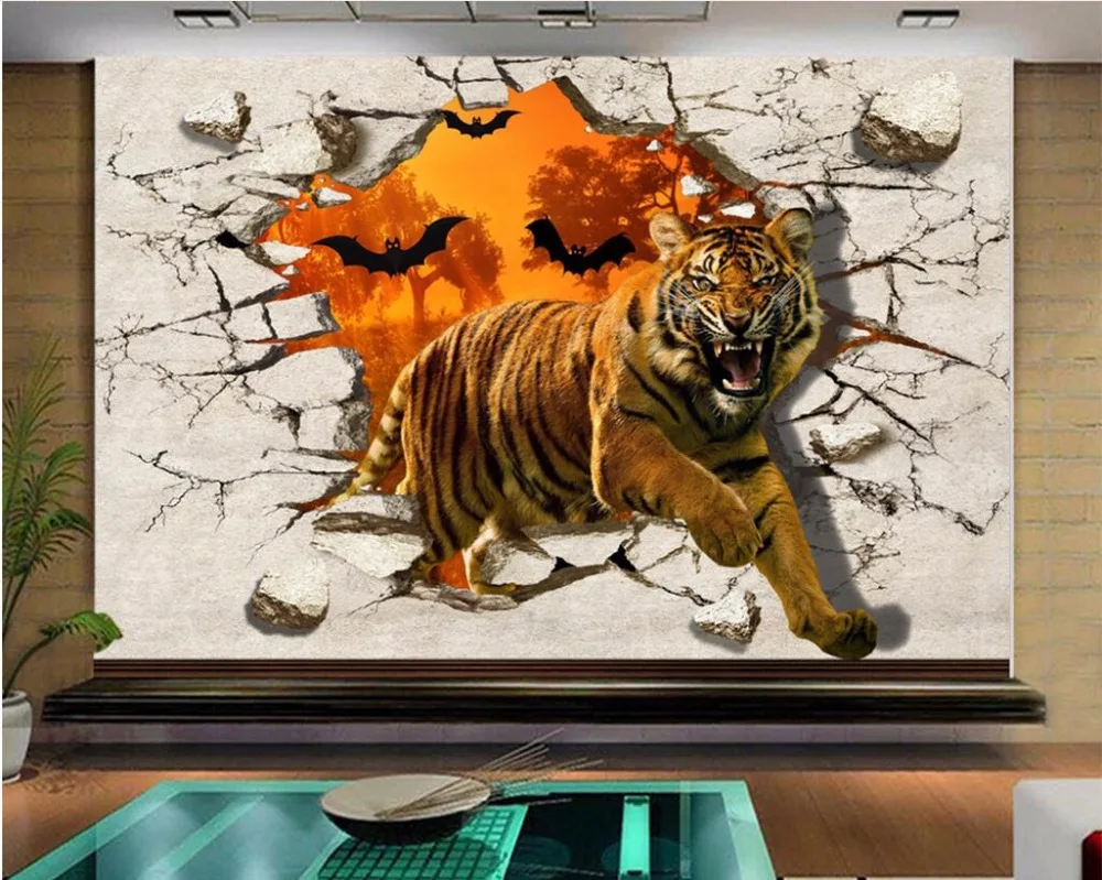 Economici 3d wallpaper foto personalizzata tigre feroce ha rotto la galleria paesaggio decor pittura 3d wall mural wallpaper per pareti 3 d