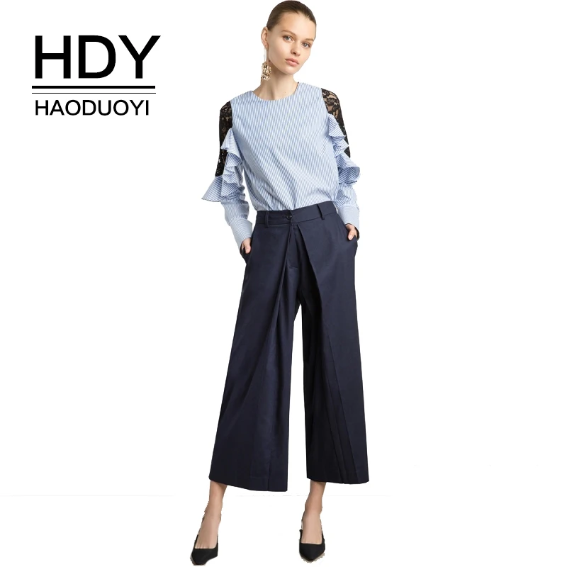 navy high waisted wide leg trousers