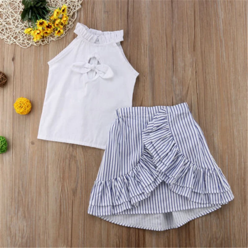

Baby Kid Girls Summer Sleeveless White Vest shirt Tops + Striped Tutu Skirt 2Pcs Outfits Clothes Set