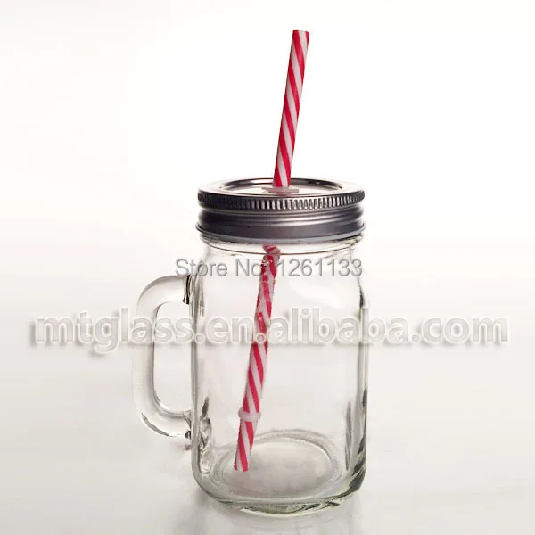 16oz clear plain glass mug with handle with lid with straw mason jars