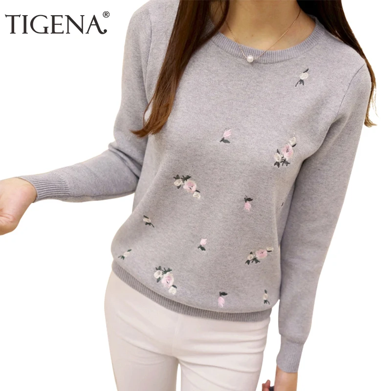 Tigena 2018 Вышивка цветочные трикотажные зимний женский свитер свитеры для женщин и пуловеры женский Tricot Топ джемпер Тянуть Роковой