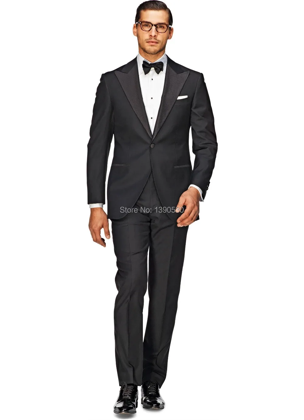 Шерсть, черный, 2 предмета(куртка+ штаны), один пуговицы, широкий заостренный лацкан с черным атласным черным свадебным смокингом
