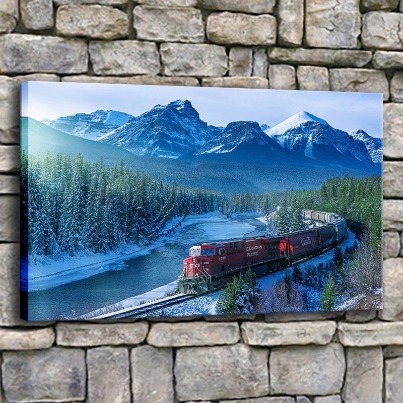 Картина на холсте домашний декор 1 шт. железнодорожный поезд Канада горы Alberta картины принты Зимний лес река, постер на стену