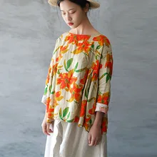 Johnature женский льняной пуловер с принтом Футболки новые винтажные весенние Свободные плиссированные топы с круглым вырезом и рукавами летучая мышь