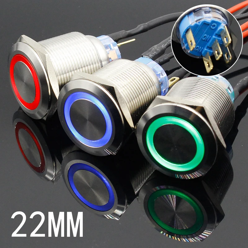 1PC Colorful Useful Durable 5V 12V 24V 220V 22mm LED Power Push Button Switch Momentary/Latching Waterproof Metal Self-Locking |