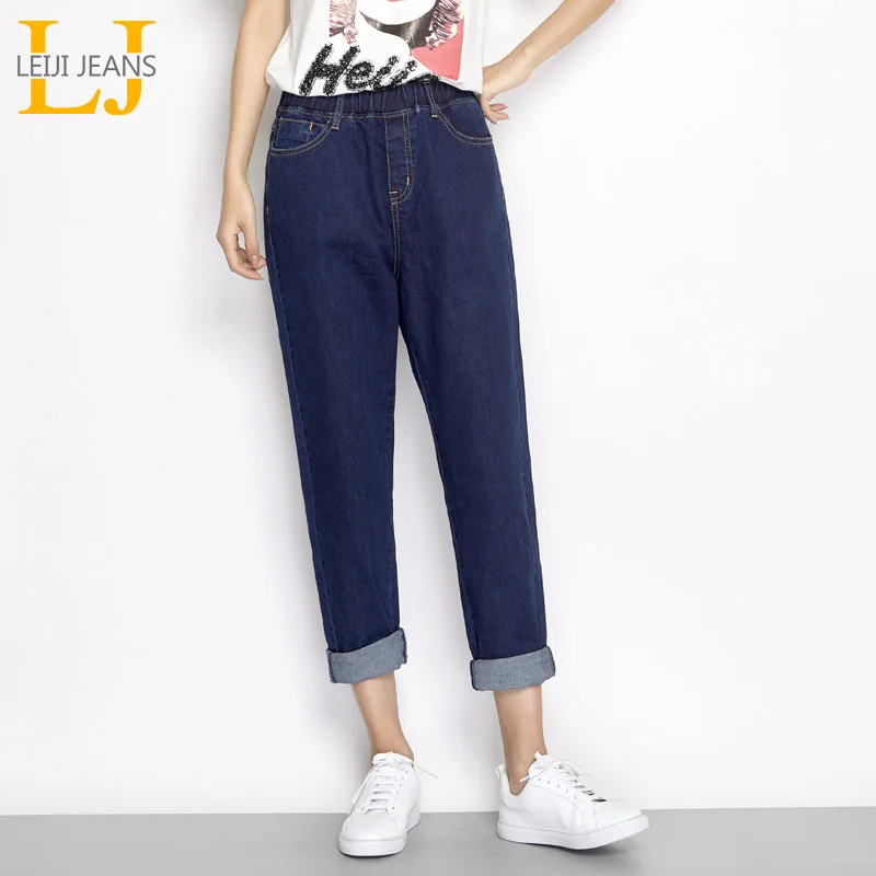 

LEIJIJEANS New Autumn Causal Style Denim Classic Dark Blue Jeans Mid Waist Full Length Plus Size XL Loose Harem Jeans Women 6926