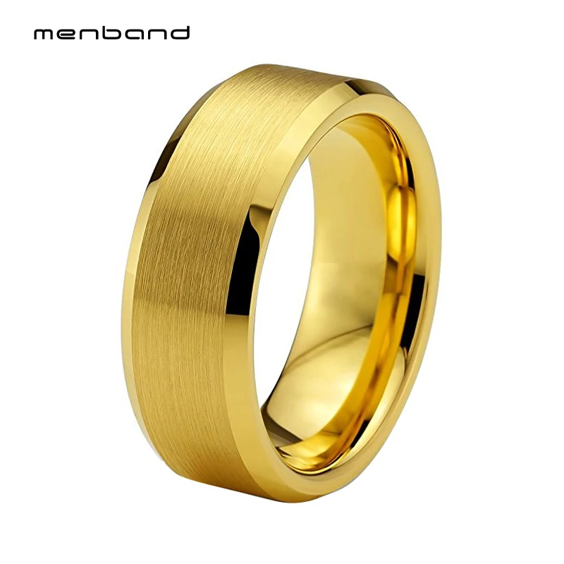 8MM Tungsten Gold Rings For Women And Men Bevel Edges And Satin - Finish