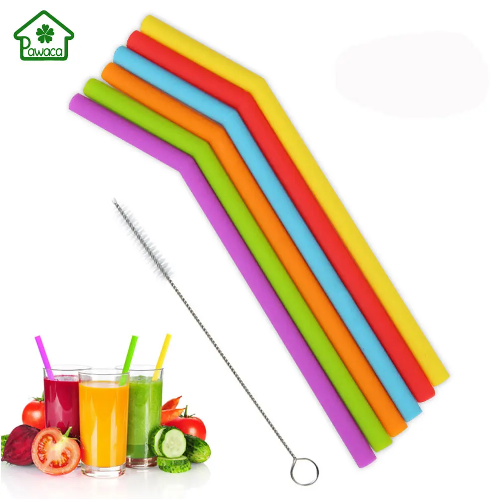 

6Pcs/set Reusable Silicone Straws Food Grade Silicone Drinking Straw With Cleaning Brush High Temperature Resistance Party Straw