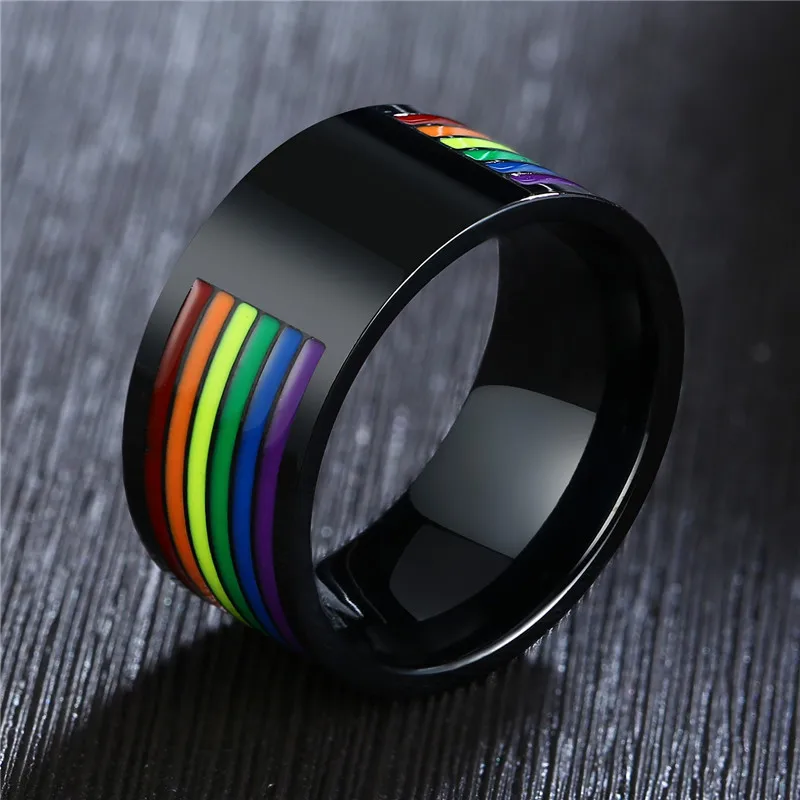 ZORCVENS черная эмаль из нержавеющей стали с изображением ЛГБТ-радуги кольцо гордости для лесбиянок геев обручальные ленты 10 мм мужские подарки