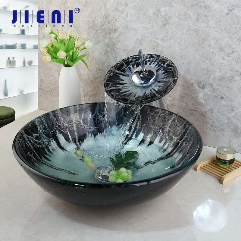 

JIENI Hand-Painted Tempered Glass Chrome Round Basin Tap Bathroom Sink Washbasin Black Lavatory Bath Brass Set Faucet Mixer Tap