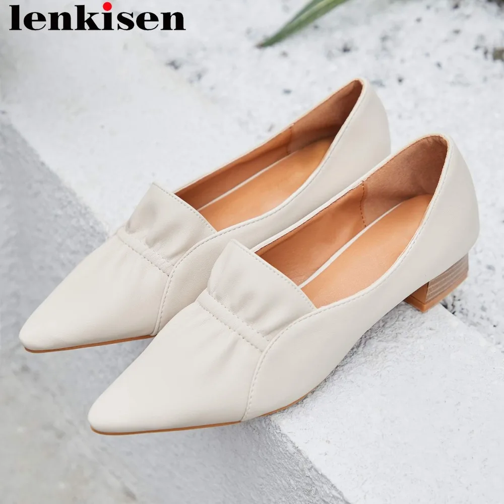 

Lenkisen Elegant lady low heels pleated design sexy pointed toe driving shoes high quality concise style Spring women pumps L2f2