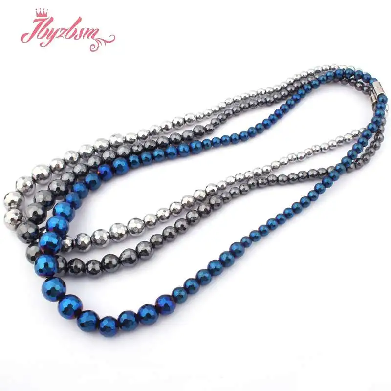 

6mm-12mm Round Faceted (No Magnetic) Hematite Natural Stone Beads For Lady Women Fashion Jewellery Necklace 19" Free Shipping
