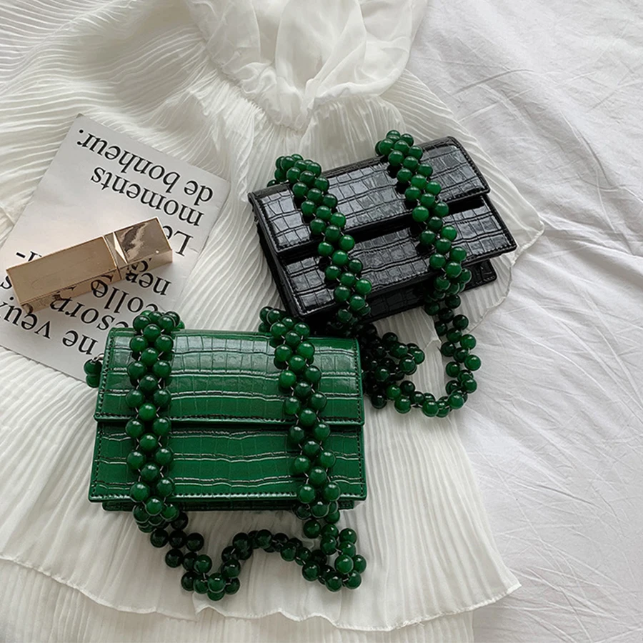 

Stone pattern women's messenger bags Creative beaded chain shoulder bags for women Designer cover square ladies crossbody bag