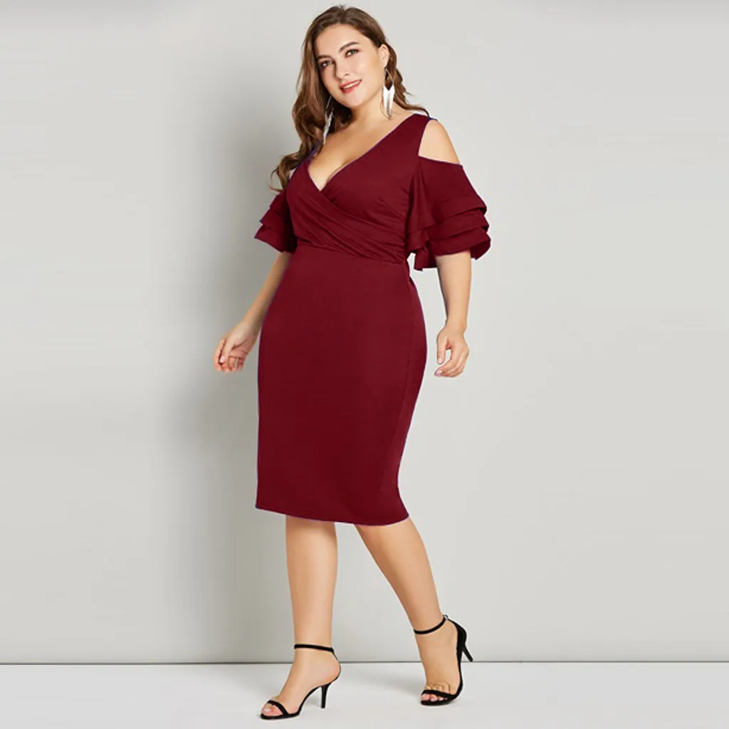 

dress women summer Casual dress women party Large size V-neck waist pleated off-the-shoulder ruffled sleeves split dress L0522