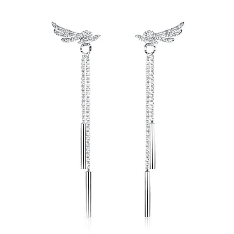 Стерлингового серебра 925 модные ангельские крылья Блестящий Кристалл женские кисточки серьги гвоздики ювелирные изделия для женщин подарок на день рождения анти аллергия