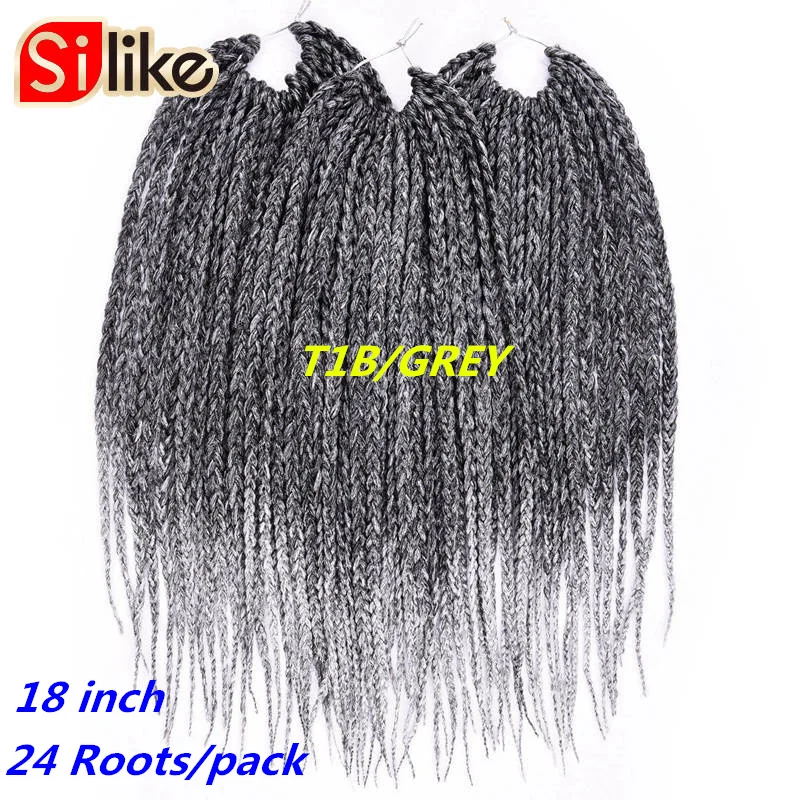 Silike Синтетические Ombre черный, серый цвет 3 S маленькая коробка Вязание косичками пряди волос 24 корни 18 "Micro Crotchet плетение прически