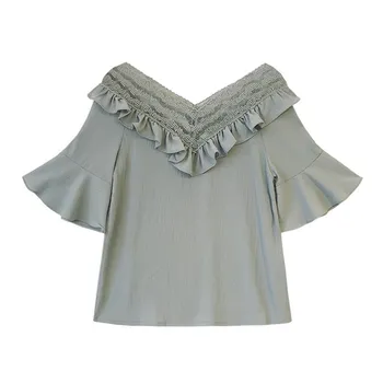 

Women Casual Shirt Short Sleeve V-neck Lace Stitching Shirt Loose Sweet Chiffon Shirt Solid Color Women Tops Plus Size M-4XL