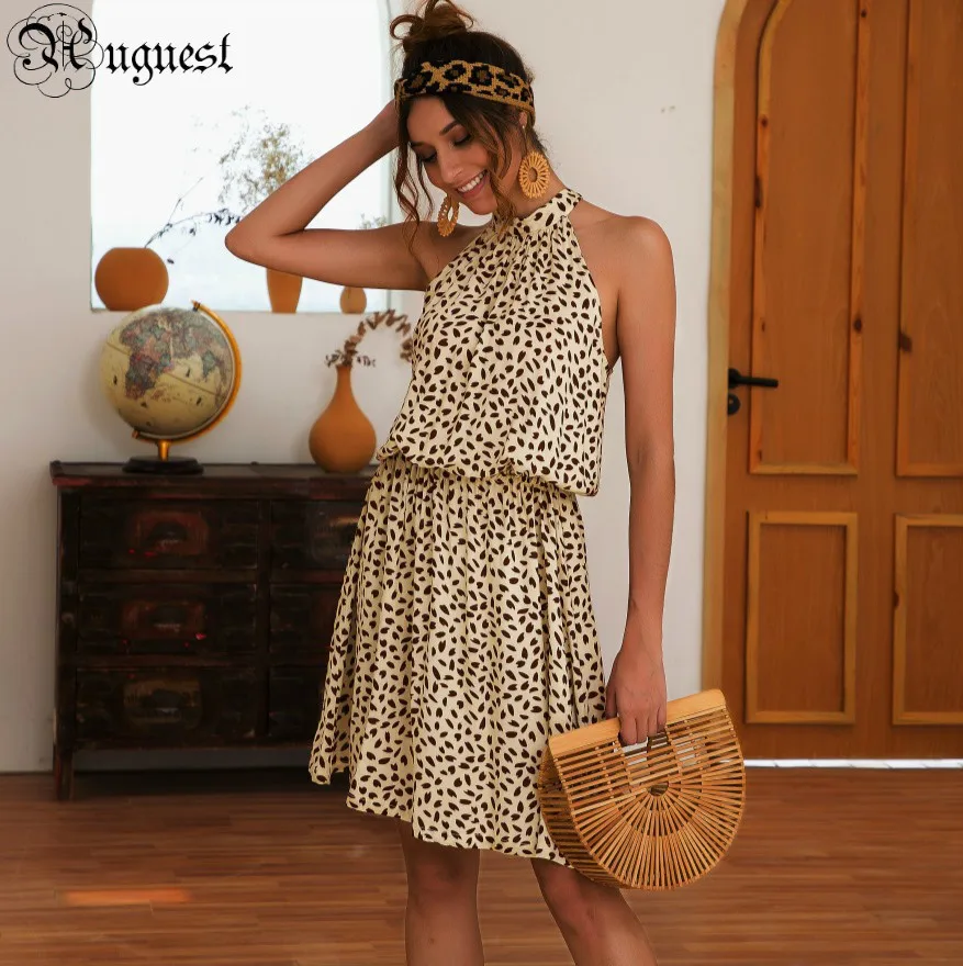 Uguest Women 2019 Halter Bandage Shoulder Heart Shape Printing Dress Polka Dot Sleeveless A-line Summer Party Vestidos | Женская одежда
