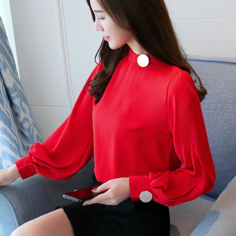 

fashion chiffon blouse shirt women tops and blouses 2018 long sleeve casual solid red OL blouse women blusa feminina shirt A151