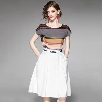 

Suits Women Two Pieces Set stripe Vintage Waist Skirt O Neck Short Sleeves Sashes Pockets Skirt New Fashion Style 20
