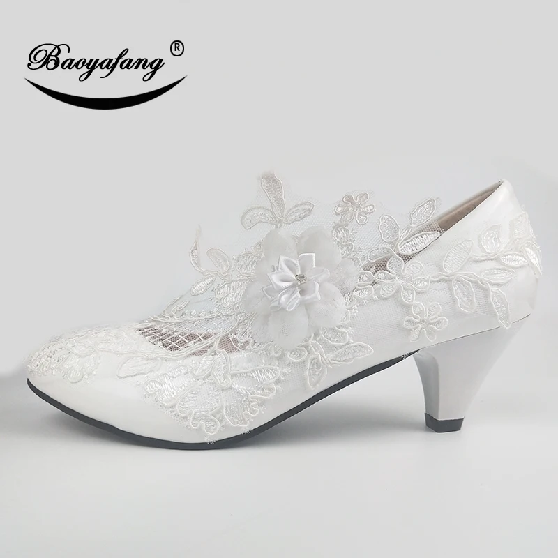 BaoYaFang White Flower Pumps New arrival womens wedding shoes Bride High heels platform shoes for woman ladies party dress shoes 3