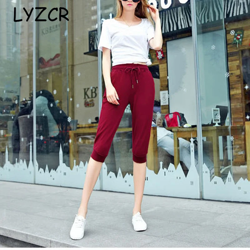 4XL Women Pants Summer Ladies 3/4 Trousers Casual Solid Color Low Rise  Drawstring Pockets Sports Pants Shorts For Female