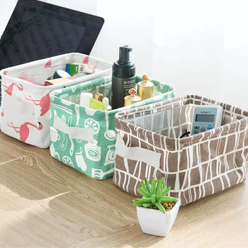 

2019 Desktop Storage Basket Cute Printing Waterproof Organizer Cotton Linen Sundries Storage Box Cabinet Underwear Storage Bag