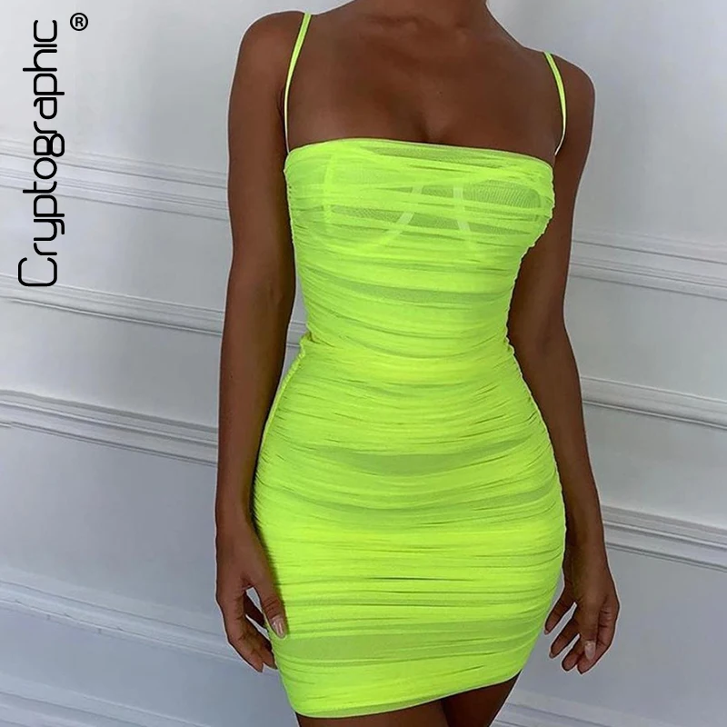 

Cryptographic Hot Neon Green Spaghetti Strap Dress Women 2019 Summer Sexy Sheer Backless Bodycon Dresses Slim Ruched Party Club