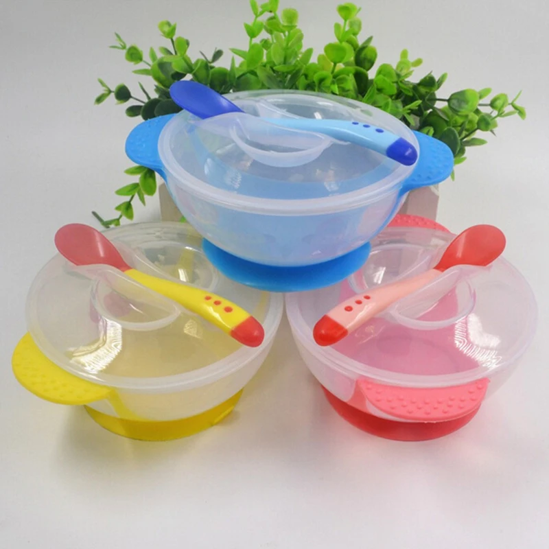 

Toddler Baby Kids Child Feeding Lid Training Bowl with Spoon Cartoon Binaural Baby Feeding Tableware Children Plate Sucker Bowl