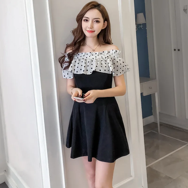 2018 New Arrivals  Summer  sexy dot dot shoulder stitching slim A short sleeved dress Free Shipping