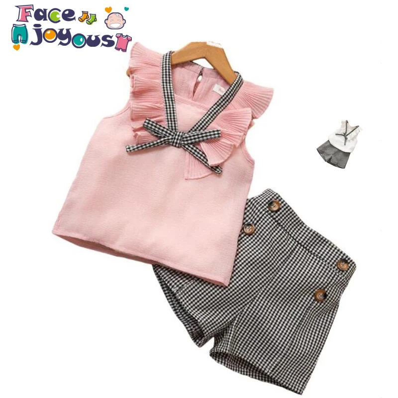 

Children Summer Bow-knot Chiffon Blouse Grid Shorts Outfit Kids Girl Clothes Fashion Suit For Girls Clothing Sets 2 3 4 5 6 Year