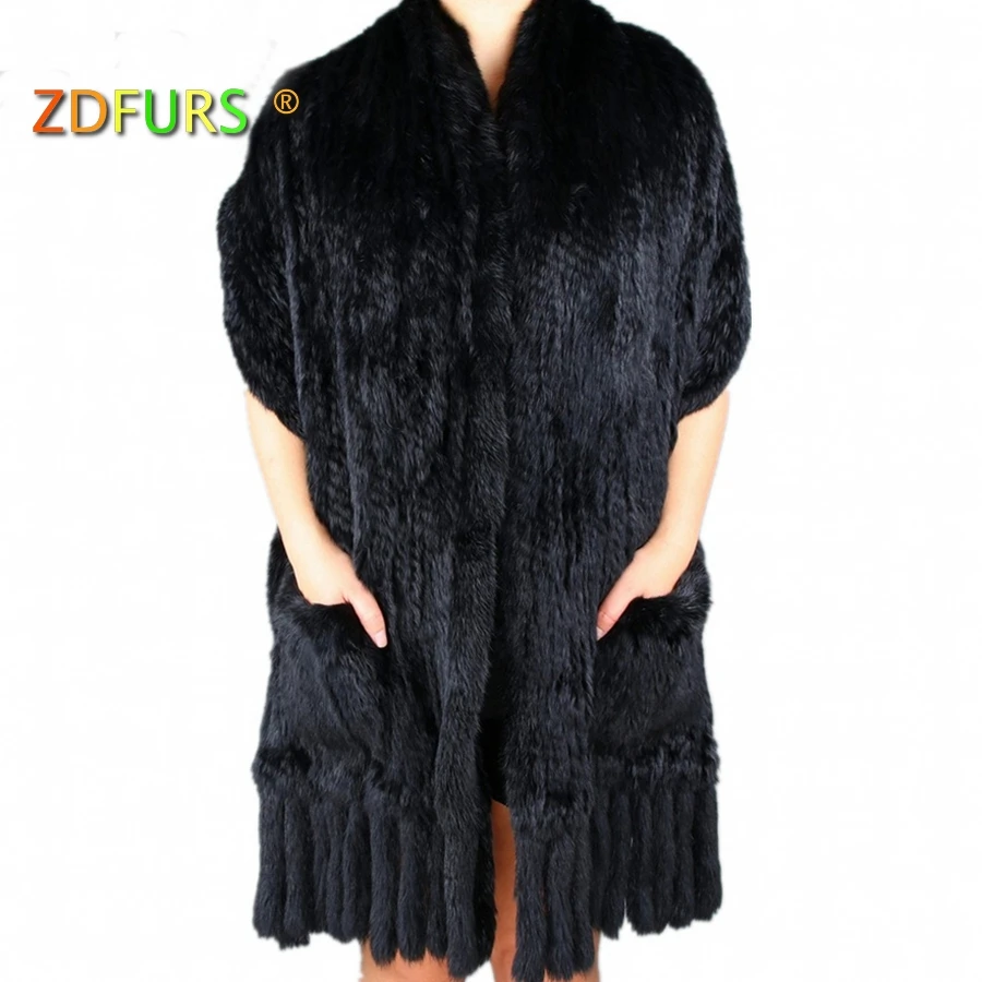 Koop ZDFURS * Luxe vrouwen Echte Echte Gebreide rabbit Fur Sjaals met Kwastjes Lady Pashmina Wraps Herfst Winter Vrouwen Bont sjaals
