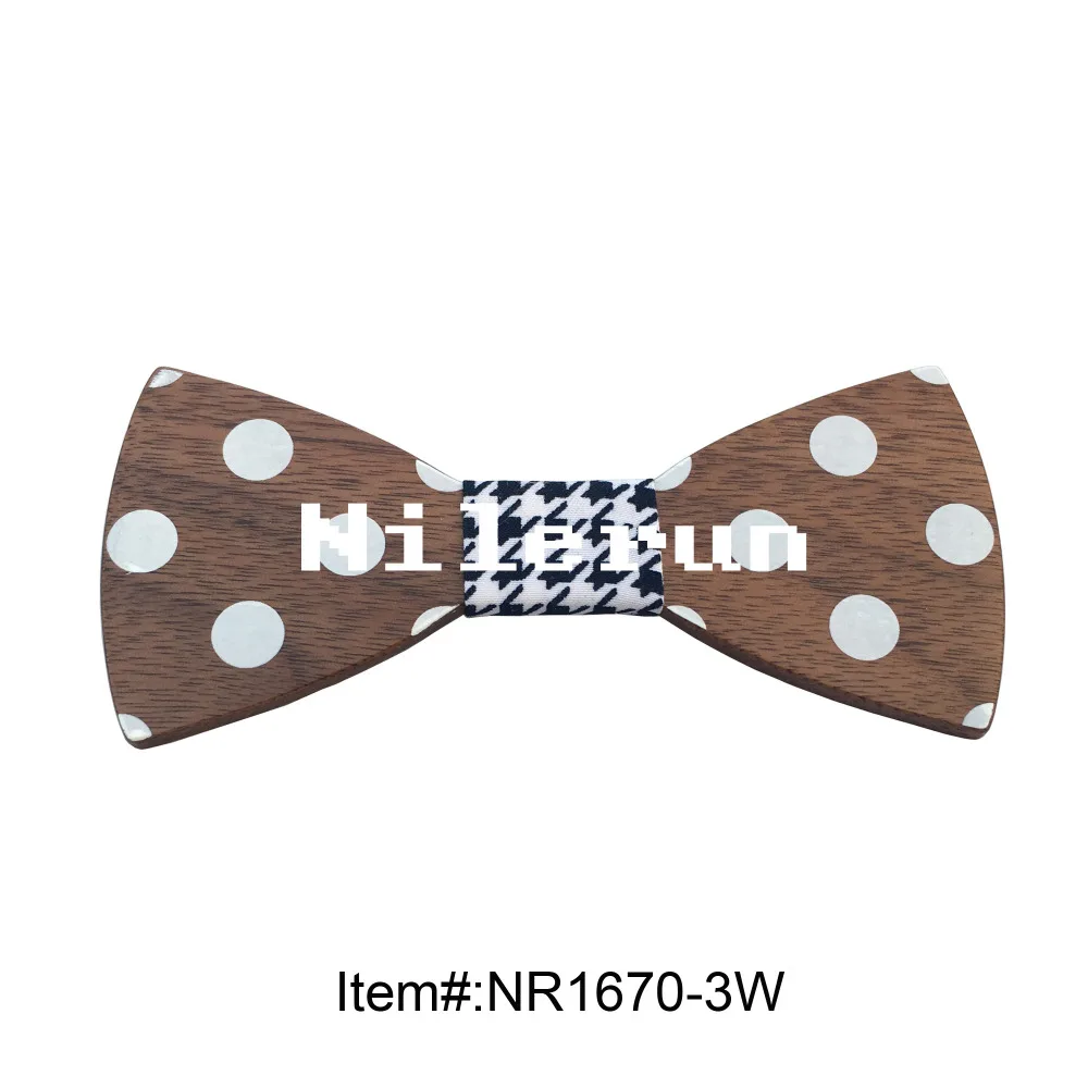 

Hot sale brand blue white fabric white dots walnut wood bow tie with elastic and magnet button