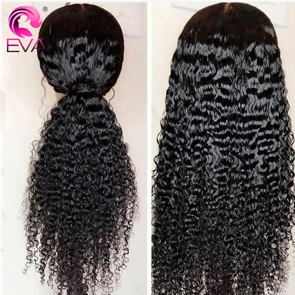 Kopen Braziliaanse Krullend Lace Front Menselijk Haar Pruiken Pre Geplukt Met Baby Haar Lijmloze 13x4 Lace Front Pruik Voor zwarte Vrouwen Eva Remy Haar