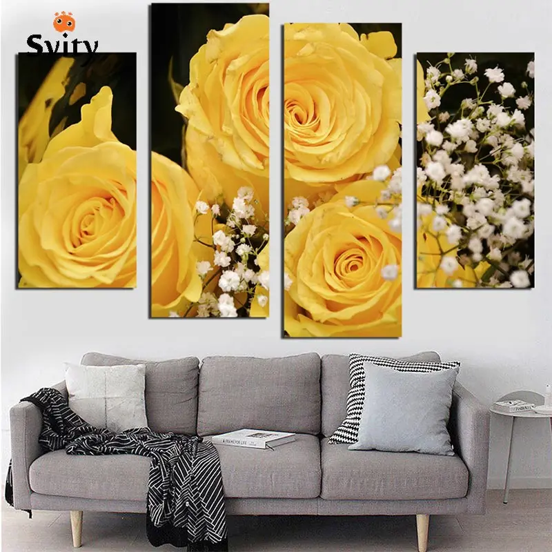 SVITY Nordic 4PCS Canvas Painting Yellow Rose Flower Wall Art