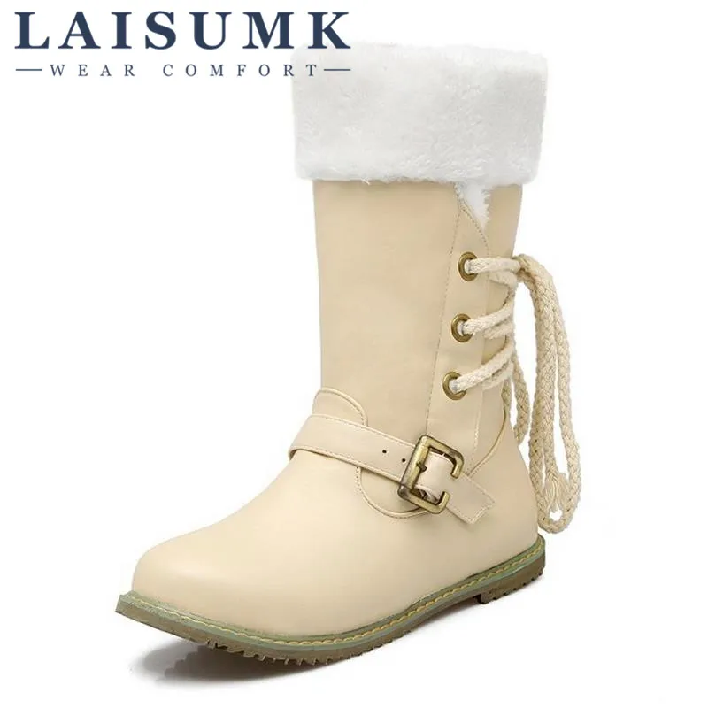 

2019 LAISUMK Fashion Women Round Toe Half Short Boots Woman Lace Up Warm Fur Mid Calf Botas Fashion Buckle Footwear